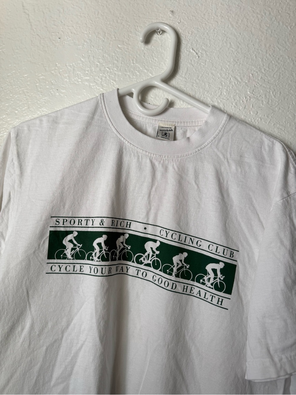 Sporty & Rich White T-Shirt with Green Cycling Graphic - Picture 2 of 4